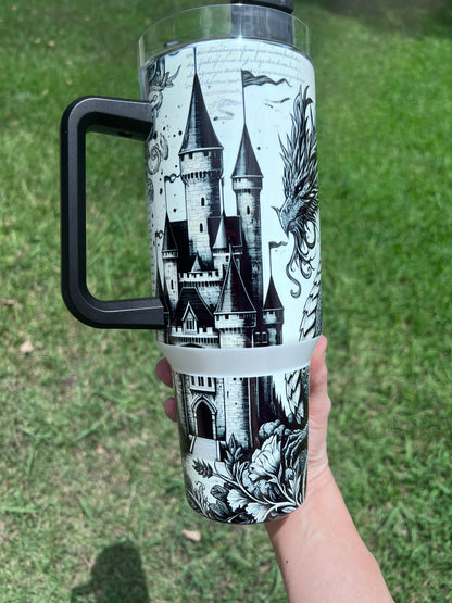 40oz Fantasy Dragon Tumbler with Handle | Book Lover Gift | Castle & Dragon Drinkware