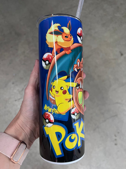 KimTheGrimm Pokemon Pikachu Charizard and Flareon sublimated 20oz stainless steel tumbler cup.⁠