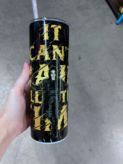 The Crow tumbler featuring Eric Draven in a black and gold gothic design