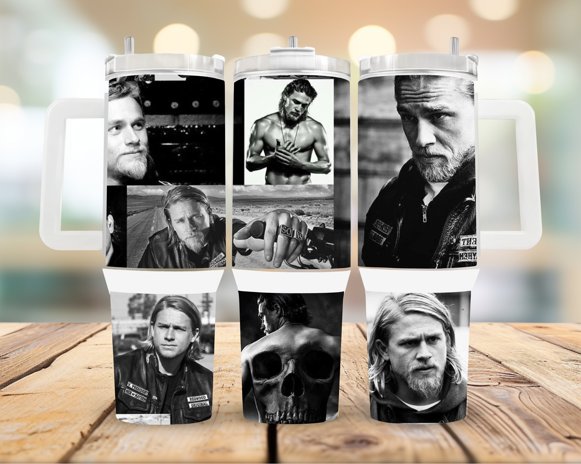 40oz Stainless steel “Jax Teller” tumbler cup with lid and handle featuring the design artwork