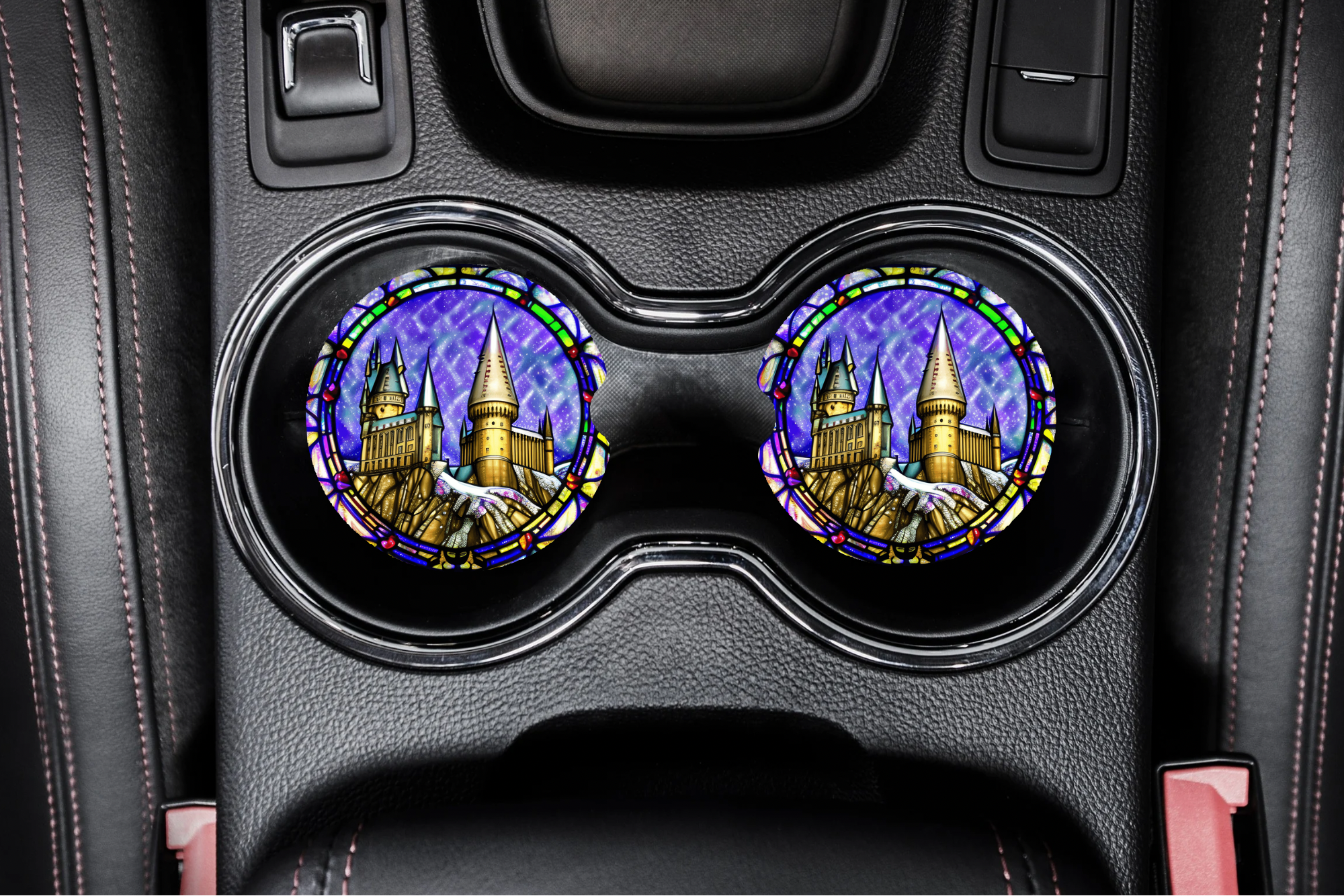 Hogwarts castle stained glass car coaster
