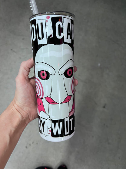 Saw movie horror tumbler front view showcasing Billy the Puppet mask and bold block text⁠