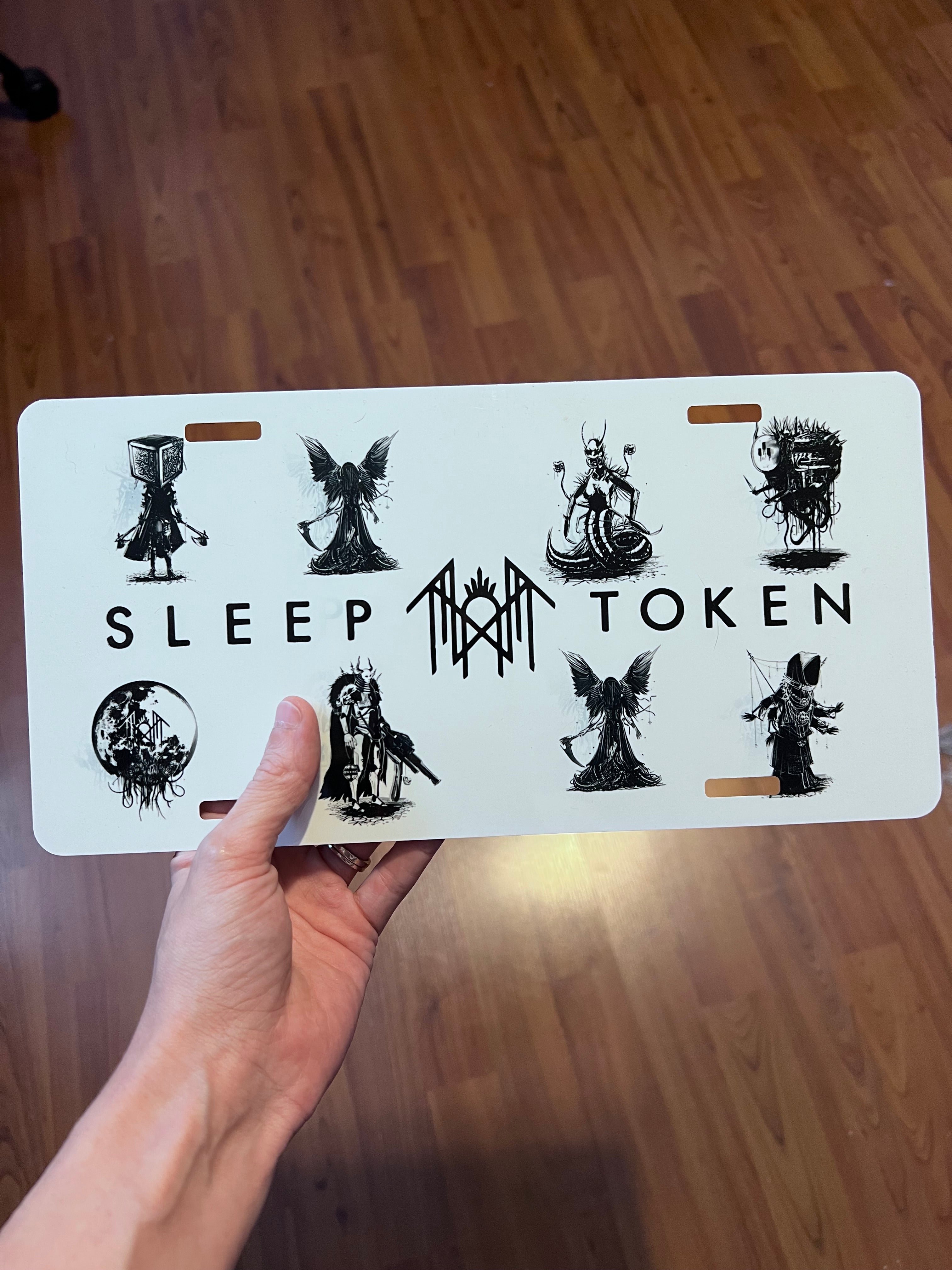 Sleep Token inspired aluminum vanity license plate with gothic black ritual artwork and alternative aesthetic styling