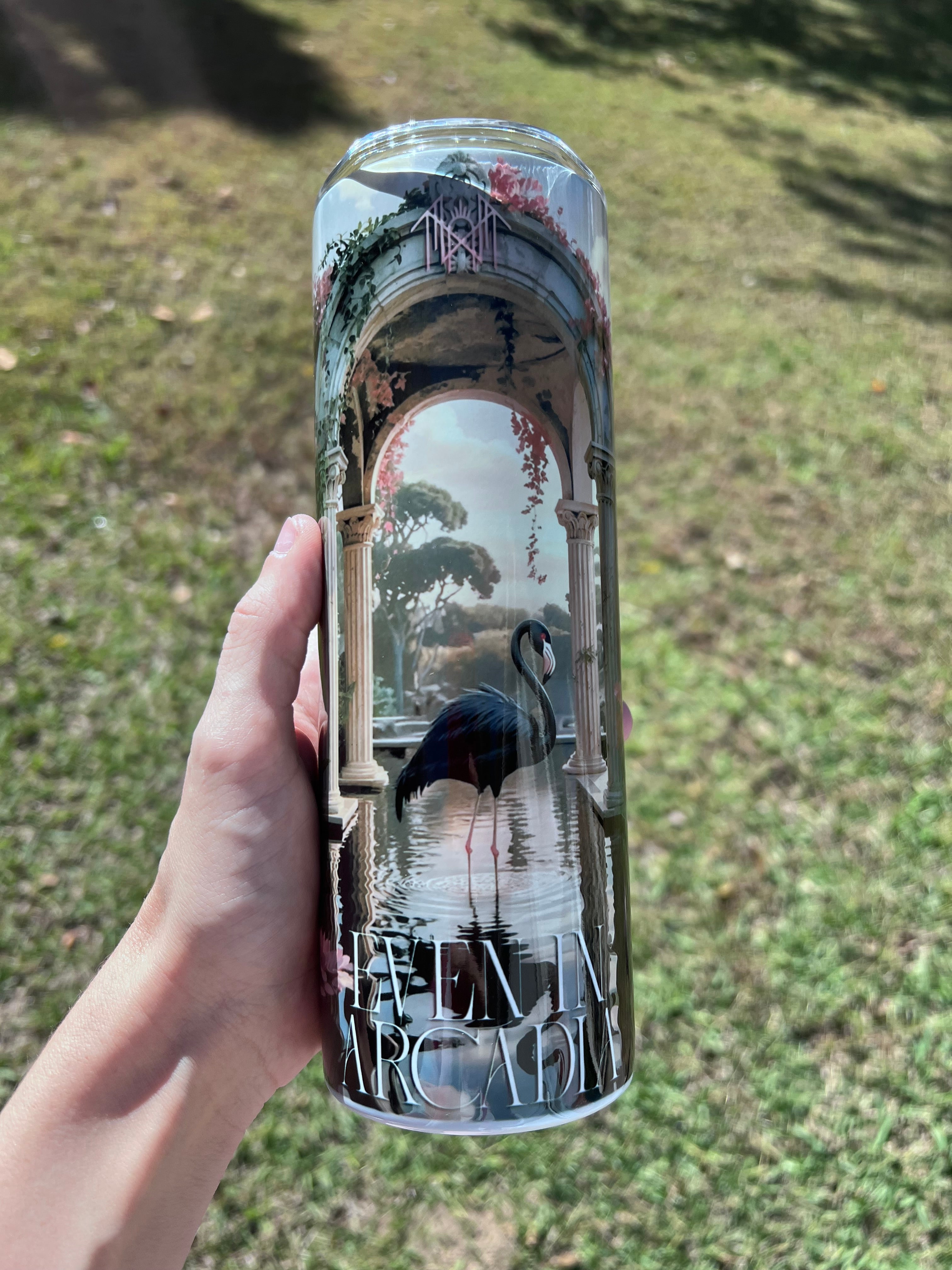 20oz Arcadian Black Flamingo Token themed stainless steel tumbler cup