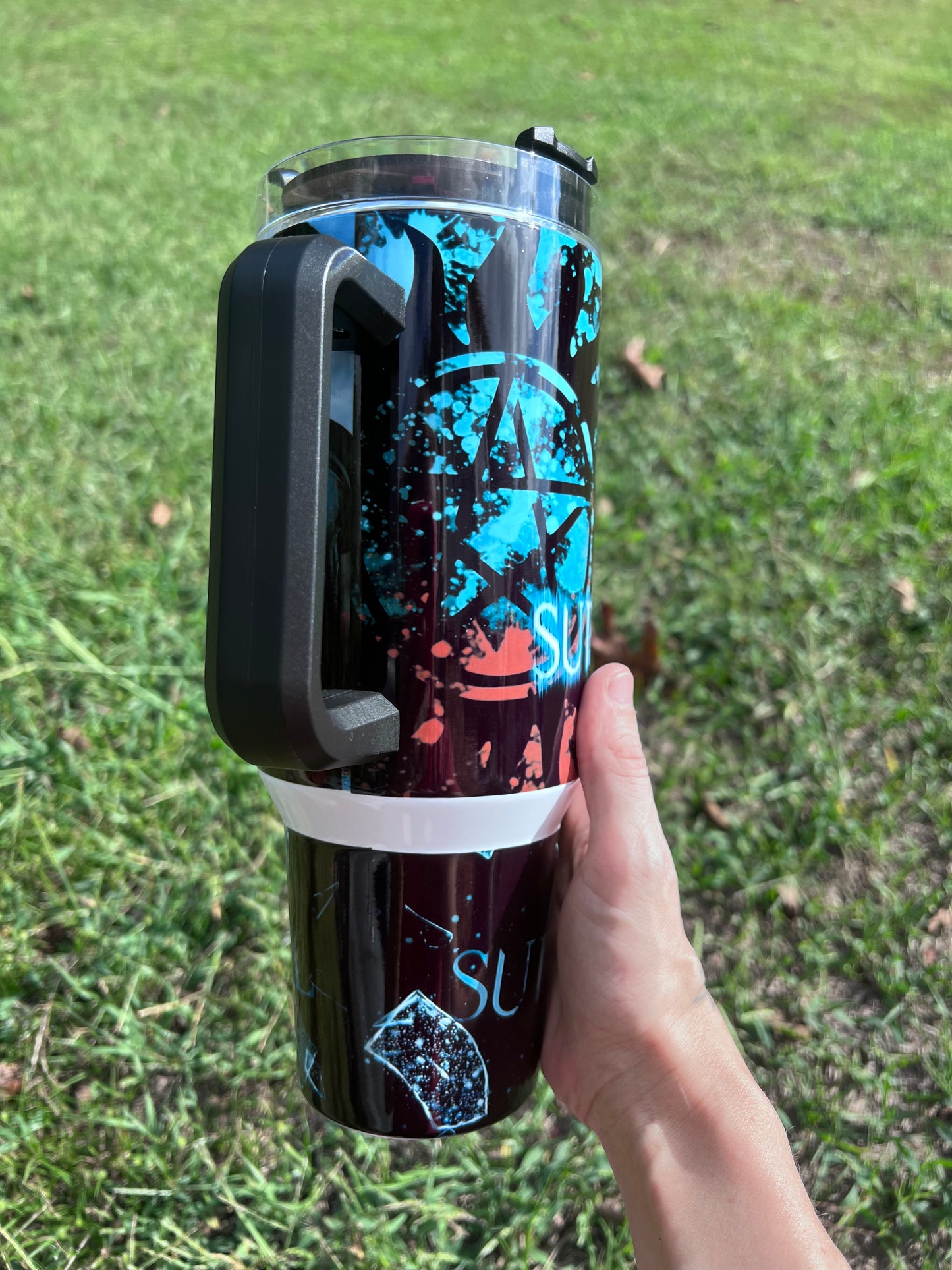 40oz Supernatural Inspired Tumbler with Handle | Dean Winchester & Sam Winchester Stainless Steel Travel Cup featuring the design artwork