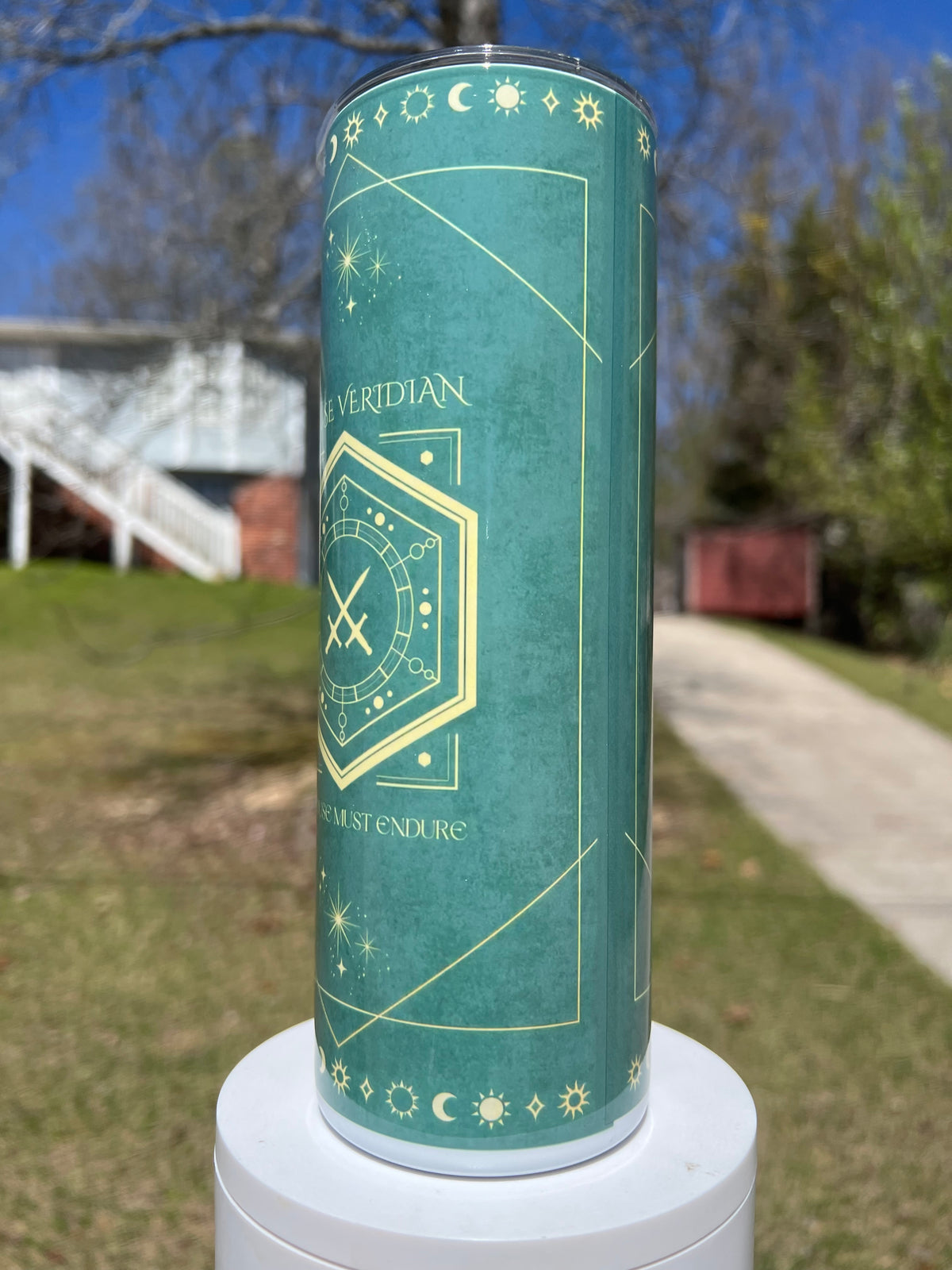 House Veridian Sleep Token inspired tumbler with emerald celestial and crossed sword artwork
