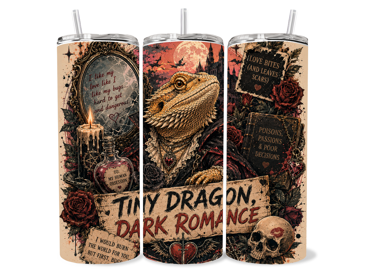 Beardies of Culture Tiny Dragon Dark Romance tumbler with gothic bookish and dragon artwork