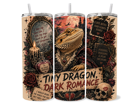 Beardies of Culture Tiny Dragon Dark Romance tumbler with gothic bookish and dragon artwork