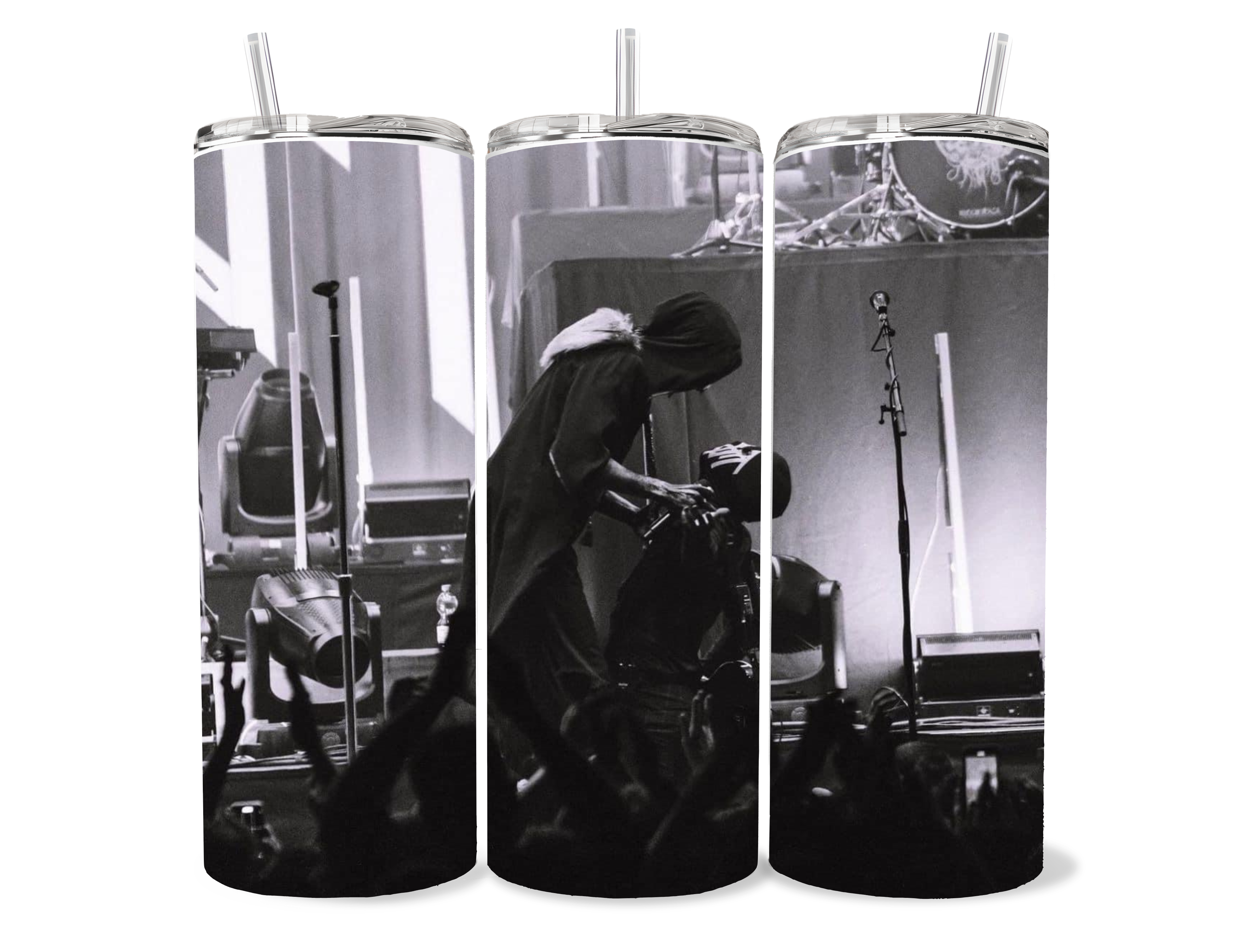 Black-and-white Sleep Token inspired 20oz tumbler featuring an emotional live concert ritual moment with dark alternative aesthetic imagery.