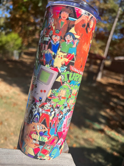 90s Nostalgia Cartoon Collage 20oz Skinny Tumbler | Retro Rugrats, TMNT, Simpsons Inspired Cup | 90s Kids Gift featuring the design artwork