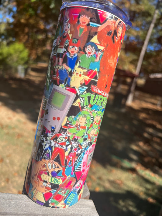 90s Nostalgia Cartoon Collage 20oz Skinny Tumbler | Retro Rugrats, TMNT, Simpsons Inspired Cup | 90s Kids Gift featuring the design artwork
