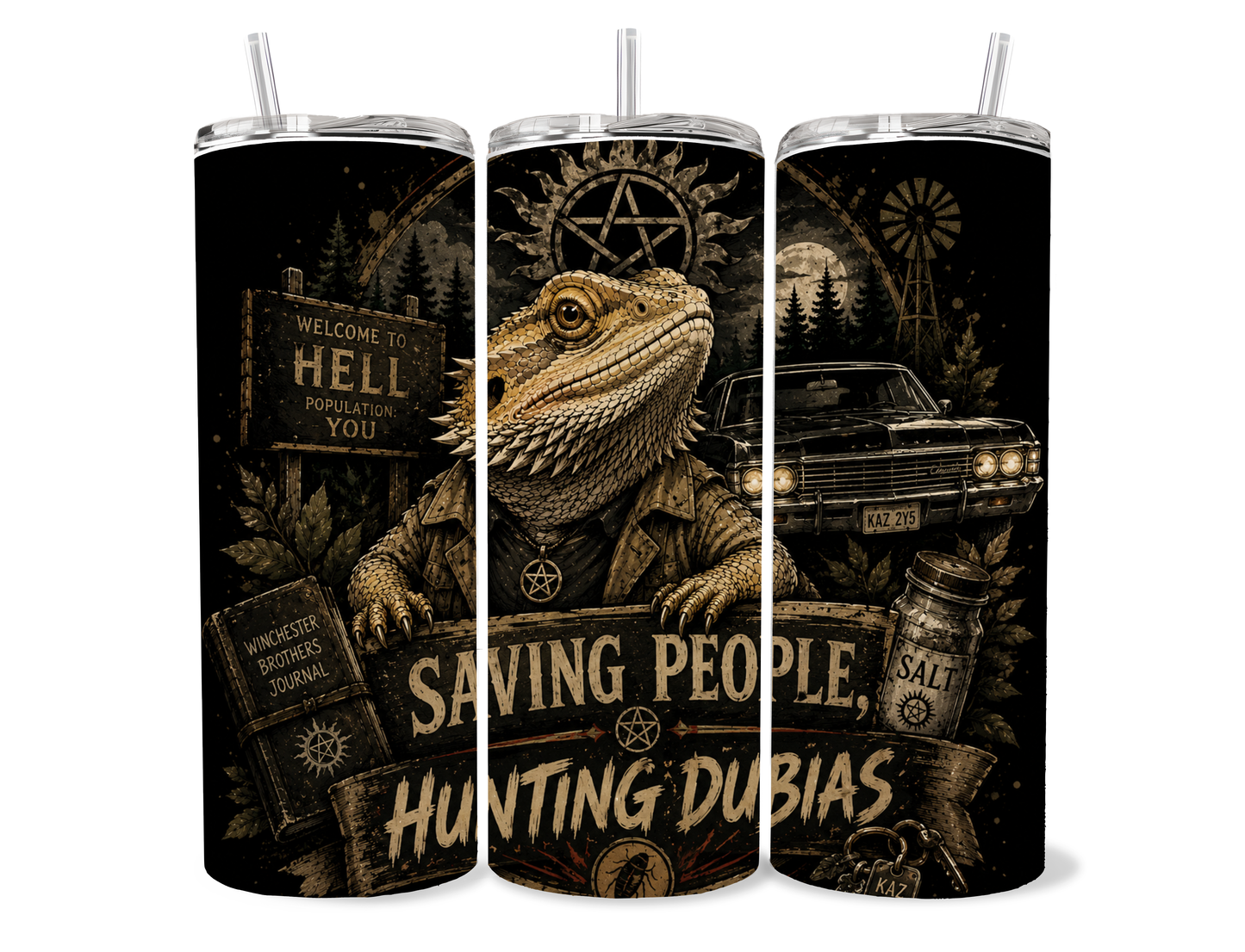Supernatural inspired Saving People Hunting Dubias bearded dragon tumbler