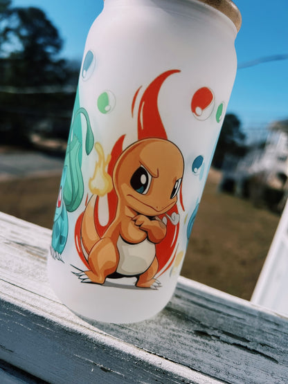 16oz Starter Pokémon Frosted Glass Tumbler featuring pokémon starters inspired artwork