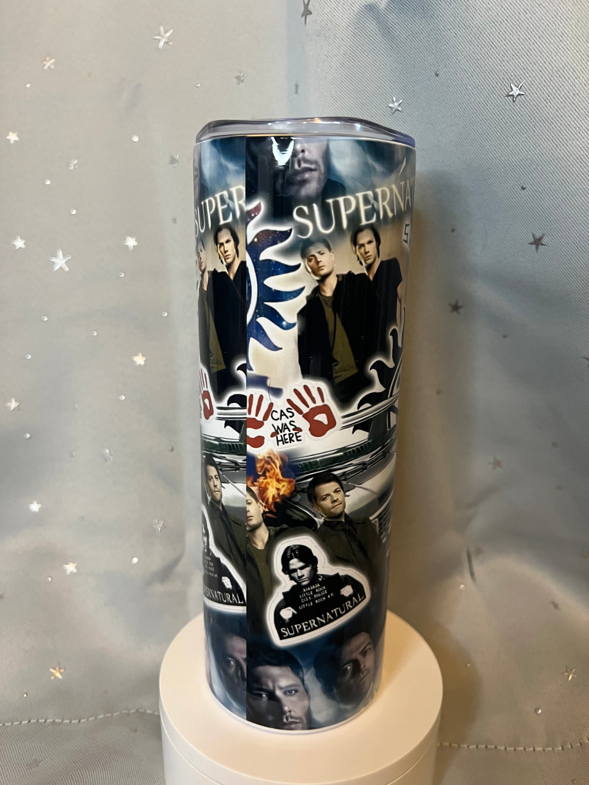 20oz Supernatural Sticker Collage Tumbler featuring supernatural fandom inspired artwork