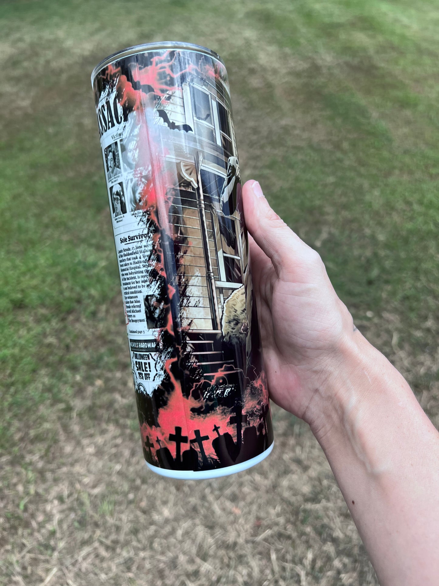 20oz Michael Myers Halloween Tumbler featuring the themed design