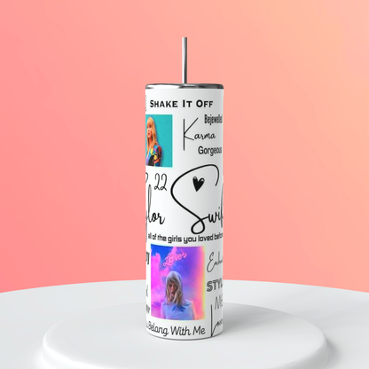 20oz Pop Star Eras Collage Tumbler featuring pop star music eras inspired artwork