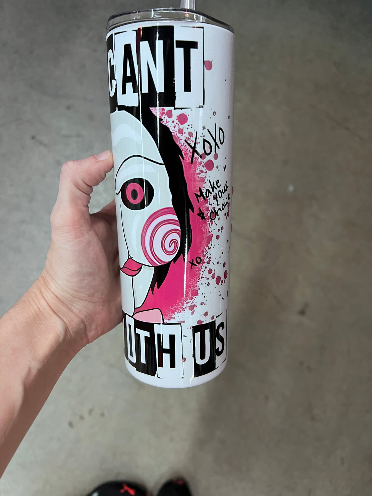 Saw movie horror tumbler front view showcasing Billy the Puppet mask and bold block text⁠
