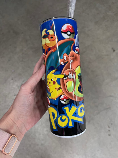KimTheGrimm Pokemon Pikachu Charizard and Flareon sublimated 20oz stainless steel tumbler cup.⁠