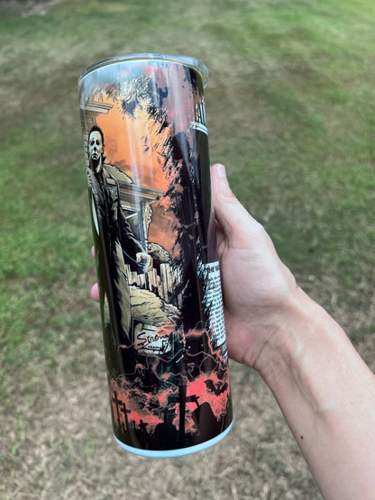 20oz Michael Myers Halloween Tumbler featuring the themed design