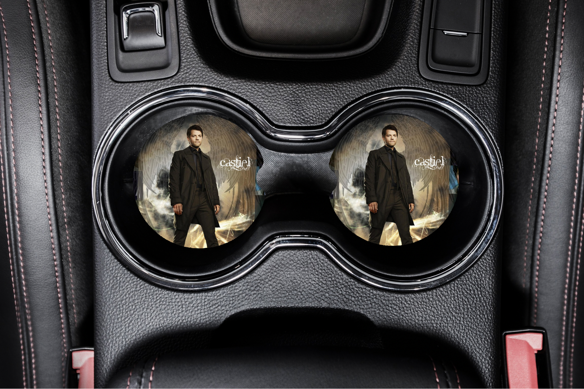 Castiel Supernatural Car Coaster Set | Angelcore SPN Car Accessories | Castiel Fandom Decor featuring the design artwork