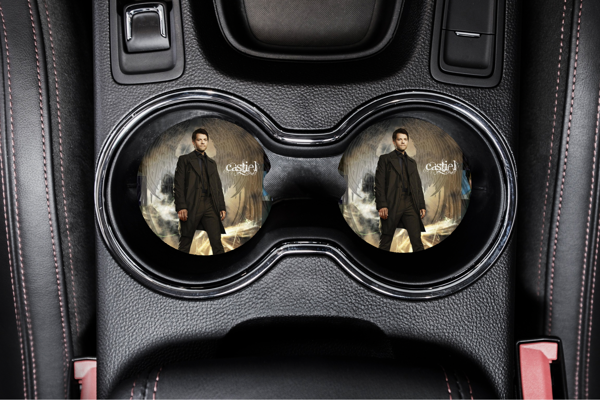 Castiel inspired Supernatural car coaster set with celestial fandom artwork