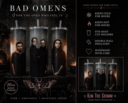 Bad Omens 20oz Skinny Tumbler | Dark Aesthetic Band Cup | Alternative Music Fan Gift | Gothic Drinkware | Keeps Hot & Cold featuring the design artwork