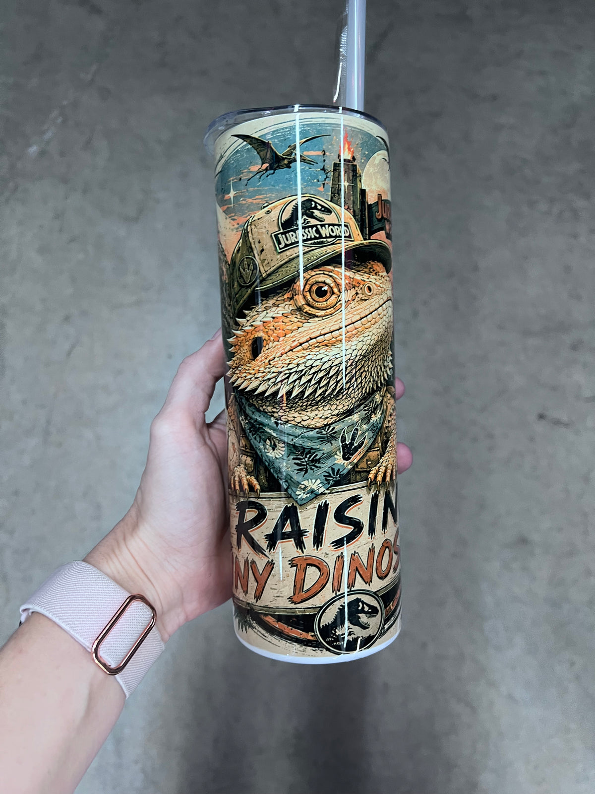Bearded dragon Jurassic inspired Raising Tiny Dinosaurs tumbler with prehistoric adventure artwork