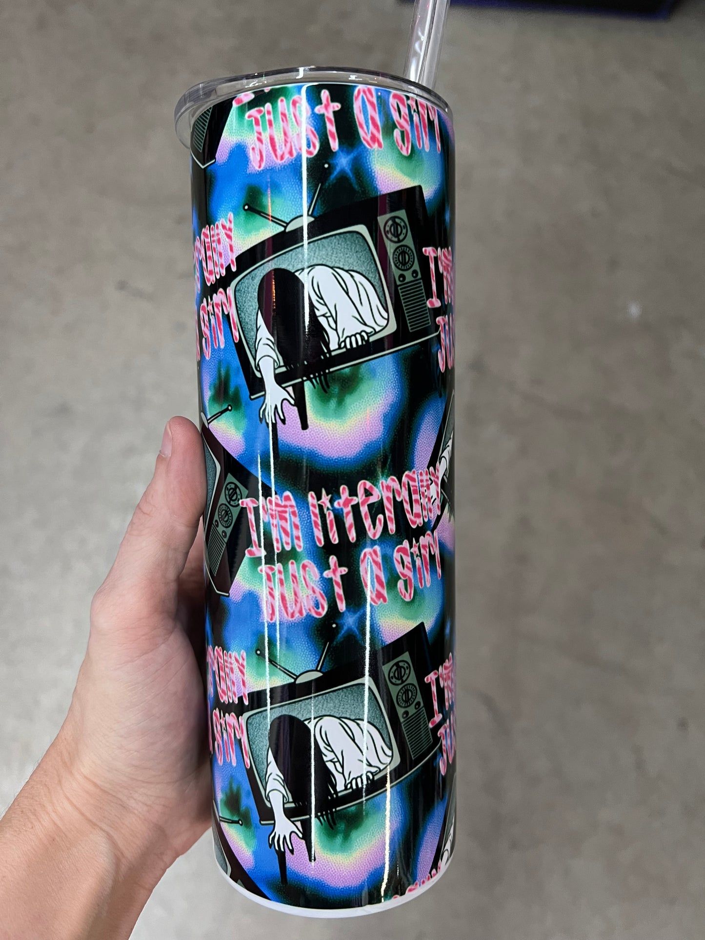 I'm literally just a girl Samara The Ring horror 20oz skinny tumbler with Y2K aesthetic⁠