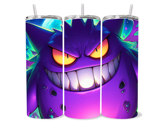 Neon colored bright Gengar themed tumbler cup
