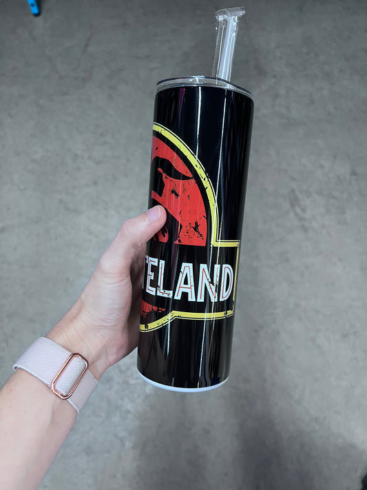 Fallout Deathclaw 20oz skinny tumbler with distressed wasteland inspired artwork