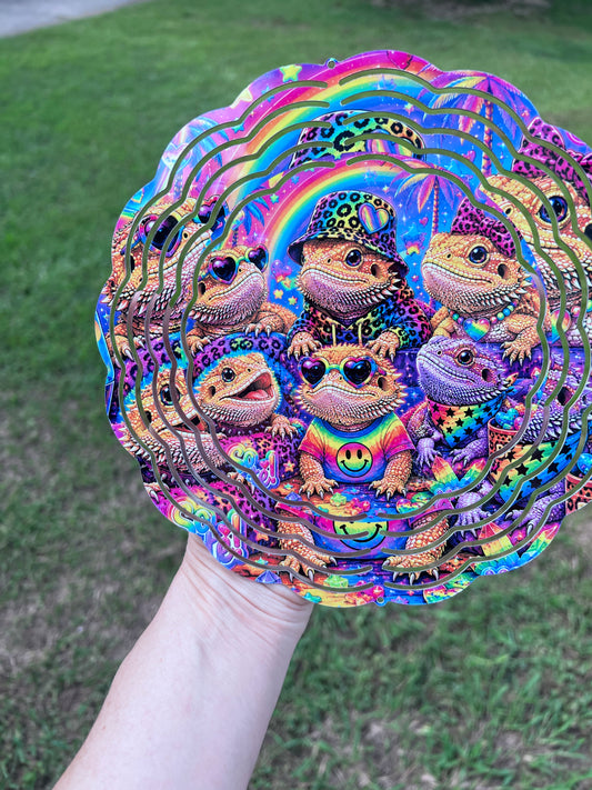 Colorful bearded dragon wind spinner with rainbow reptile artwork