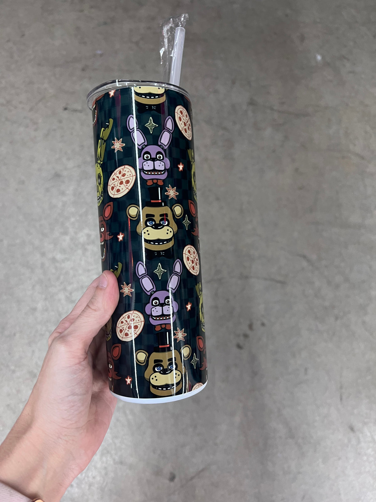 KimTheGrimm FNAF Five Nights at Freddys animatronics sublimated 20oz stainless steel tumbler cup.