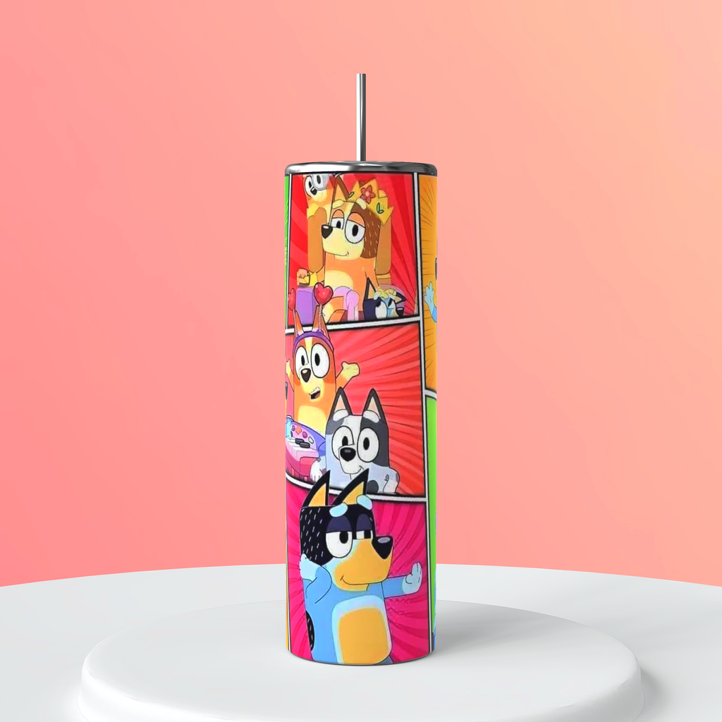Cartoon family themed tumbler with straw and lid colorful aesthetic