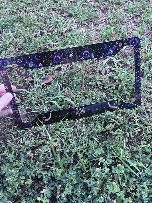 Sleep Token inspired floral license plate frame with celestial and dark floral artwork