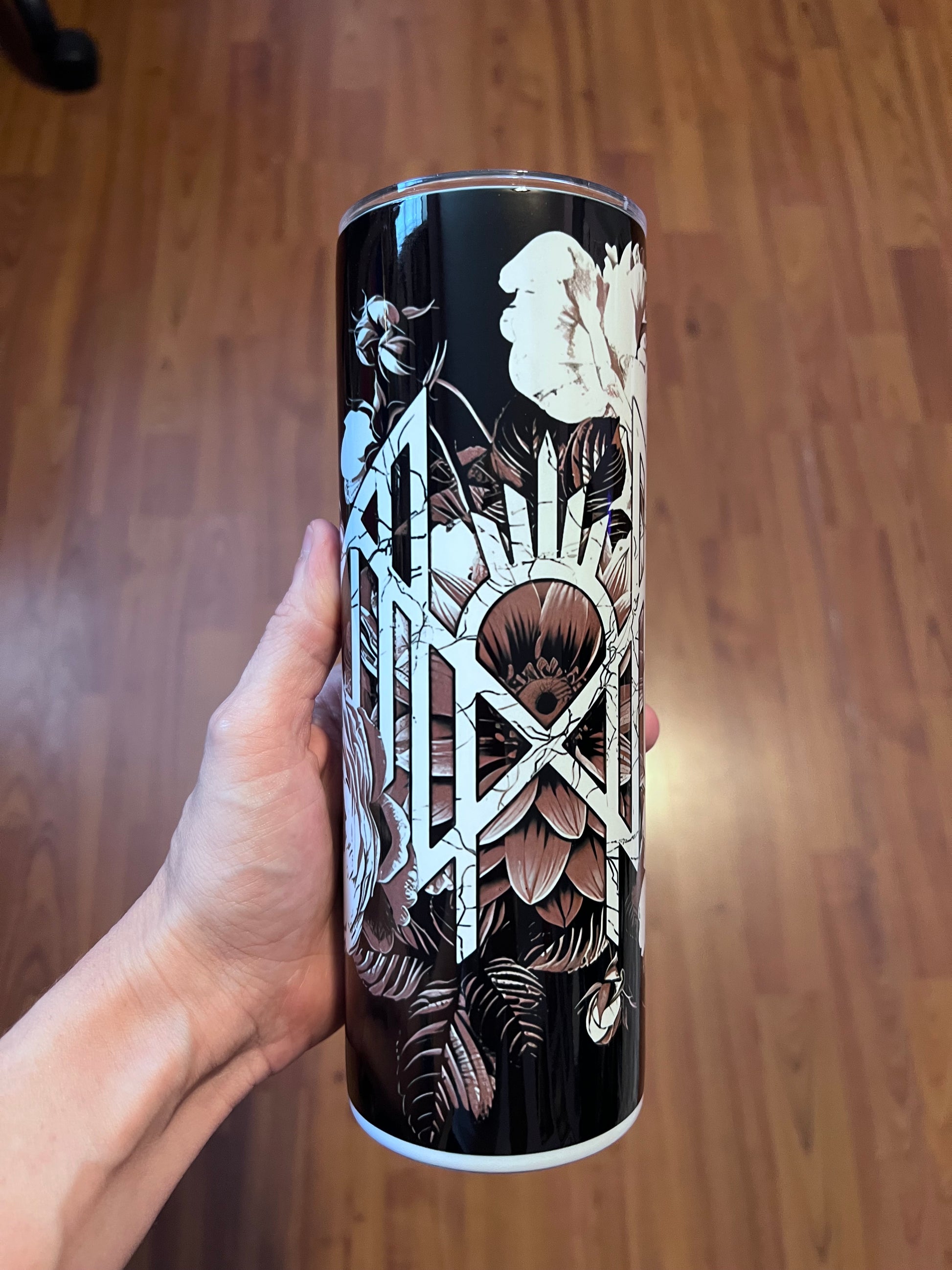 Sleep Token floral logo dark gothic tumbler with moody floral artwork
