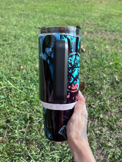 40oz Supernatural Inspired Tumbler with Handle | Dean Winchester & Sam Winchester Stainless Steel Travel Cup featuring the design artwork
