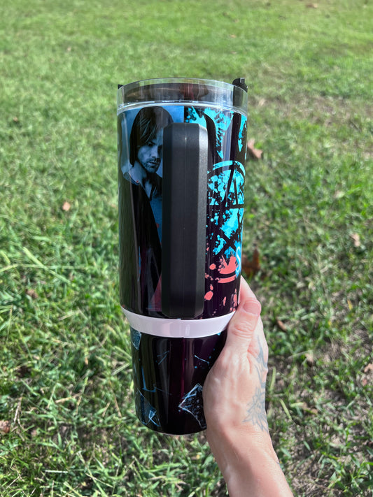 40oz Supernatural Inspired Tumbler with Handle | Dean Winchester & Sam Winchester Stainless Steel Travel Cup featuring the design artwork