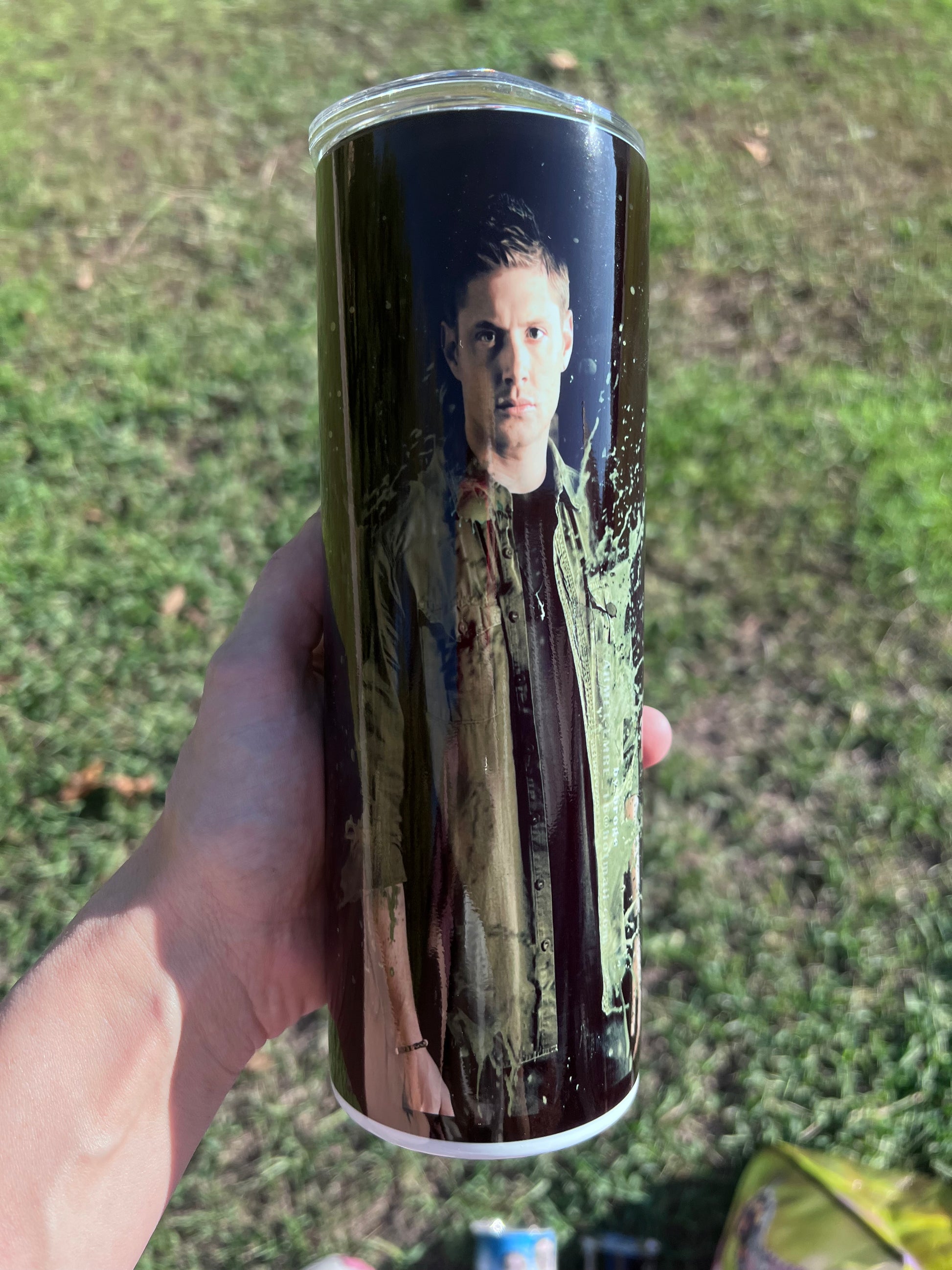 Dean Winchester Supernatural 20oz Skinny Tumbler | Dark Hunter Aesthetic Cup | TV Show Fan Drinkware featuring the design artwork