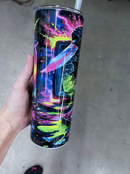 Close-up of Ghostface reaching hand graphic with neon green and pink slime drips⁠