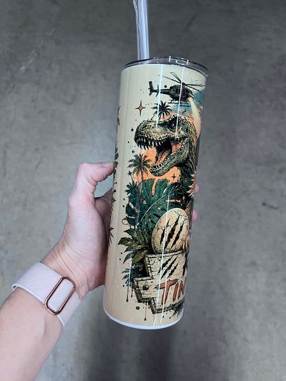 Bearded dragon Jurassic inspired Raising Tiny Dinosaurs tumbler with prehistoric adventure artwork