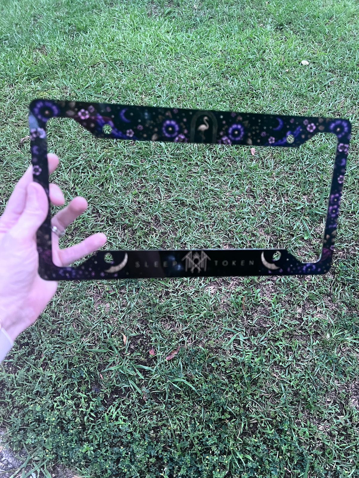 Sleep Token inspired floral license plate frame with celestial and dark floral artwork
