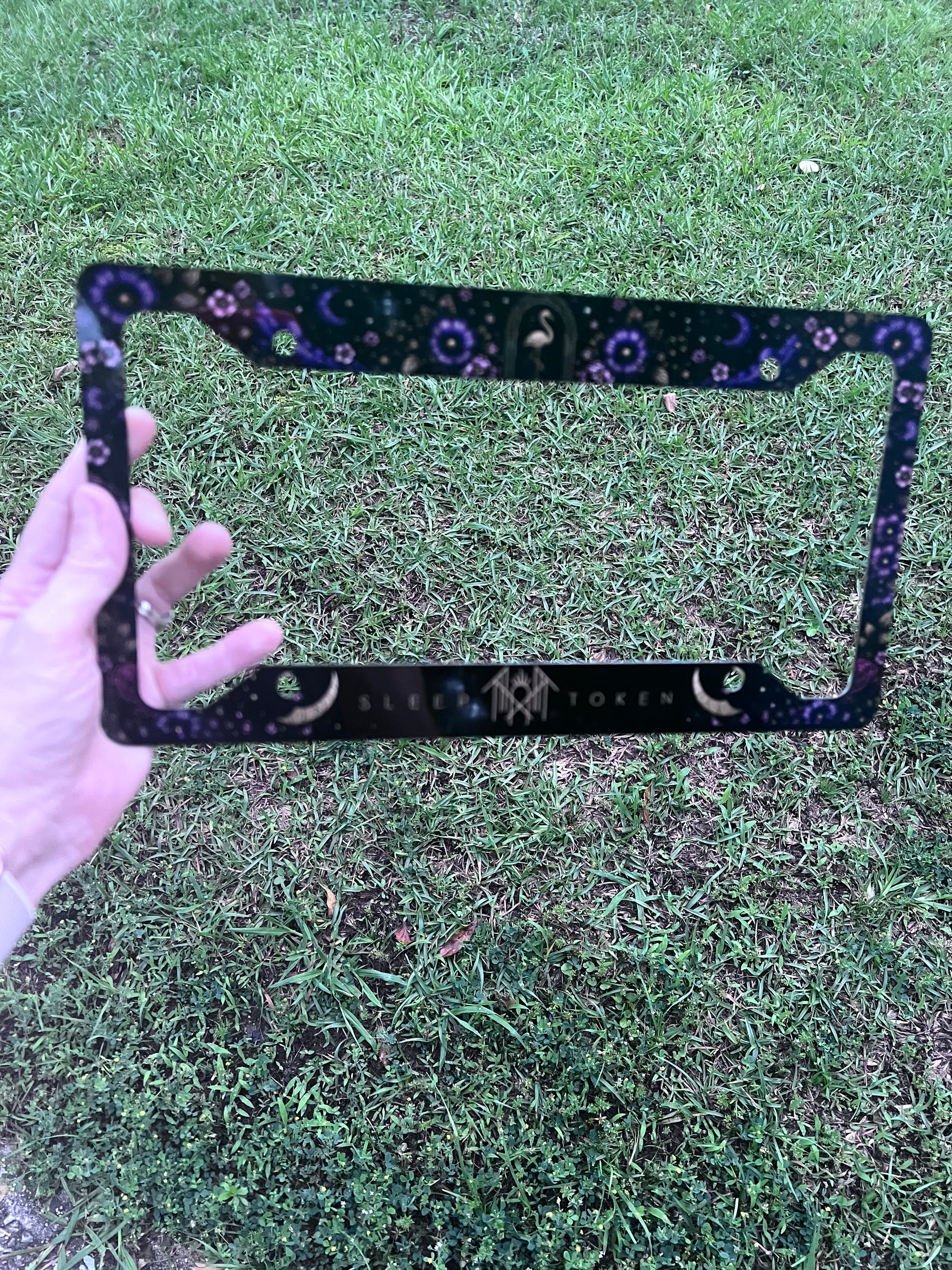 Sleep Token inspired floral license plate frame with celestial and dark floral artwork