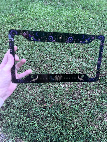 Sleep Token inspired floral license plate frame with celestial and dark floral artwork
