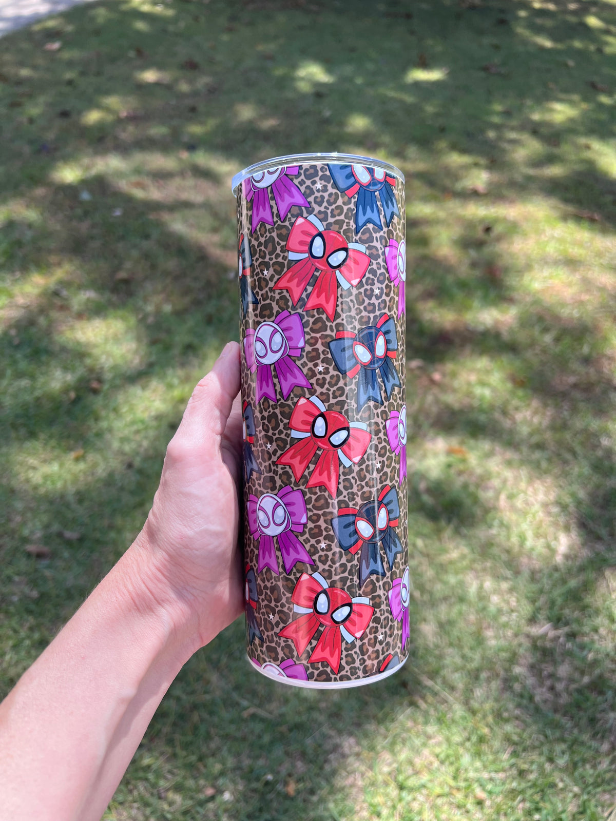KimTheGrimm Spiderman Miles Morales and Ghost Spider coquette bows 20oz stainless steel tumbler cup.⁠