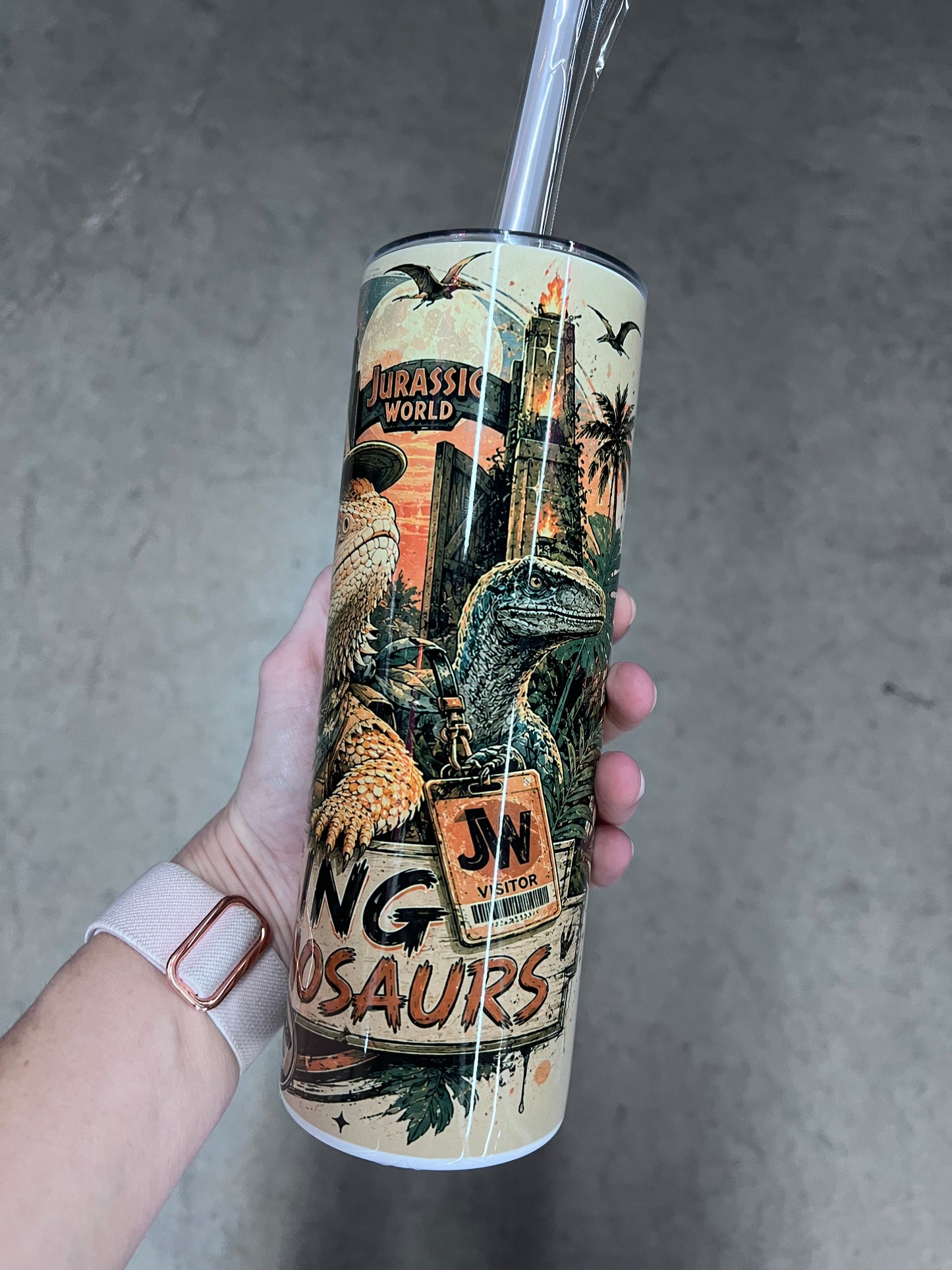 Bearded dragon Jurassic inspired Raising Tiny Dinosaurs tumbler with prehistoric adventure artwork