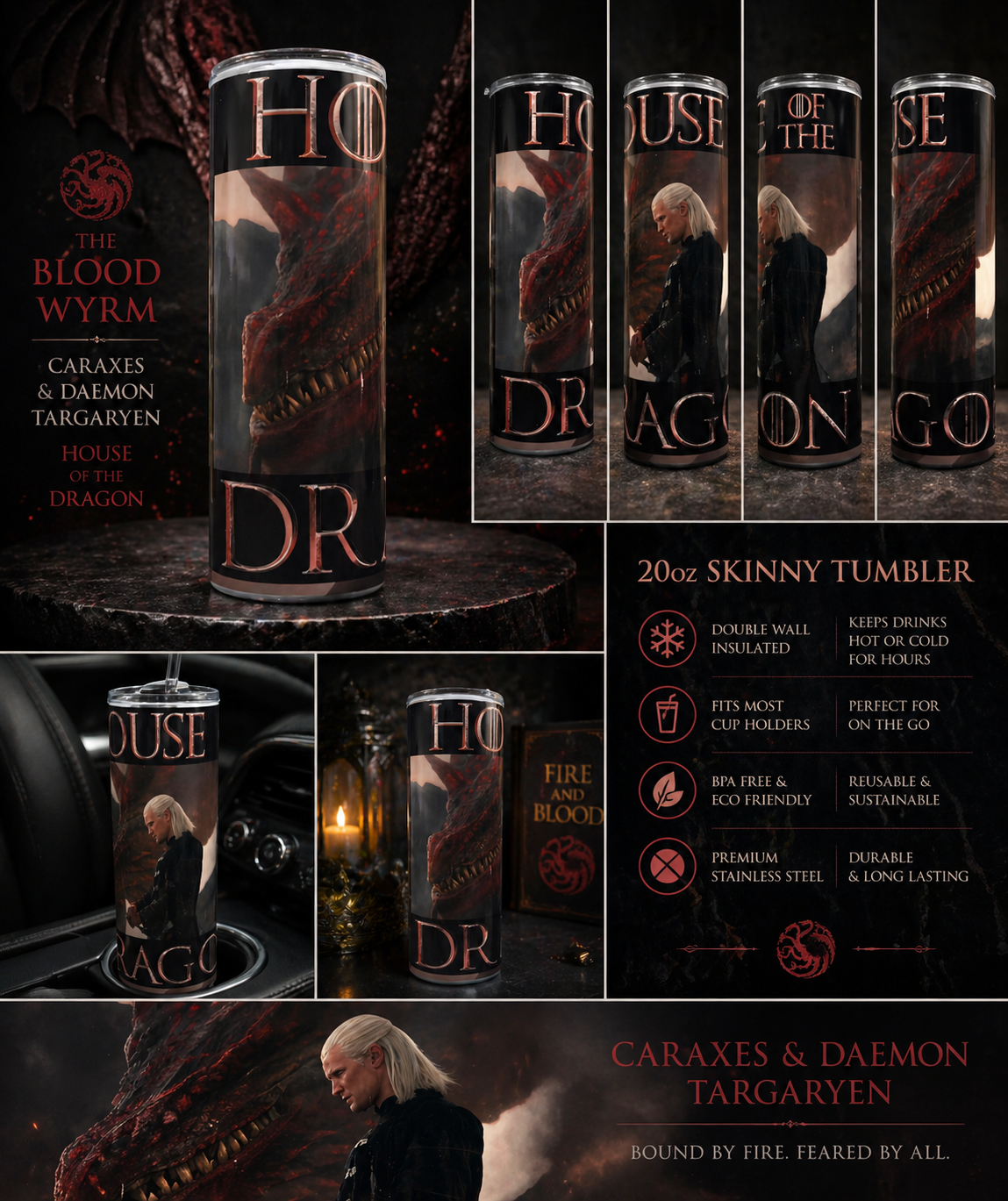 Caraxes & Daemon Targaryen Tumbler 20oz | Blood Wyrm Dragon Cup | House of the Dragon Insulated Drinkware featuring the design artwork