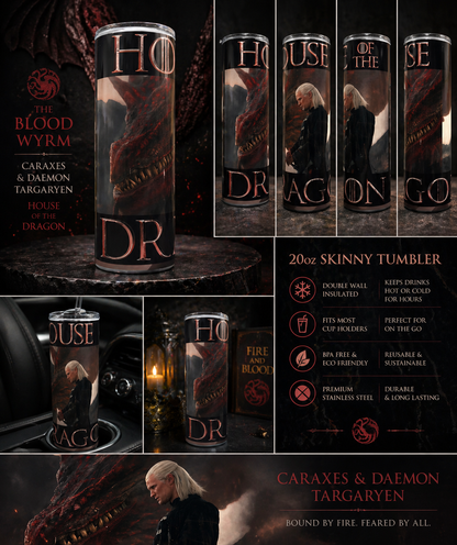 Caraxes & Daemon Targaryen Tumbler 20oz | Blood Wyrm Dragon Cup | House of the Dragon Insulated Drinkware featuring the design artwork