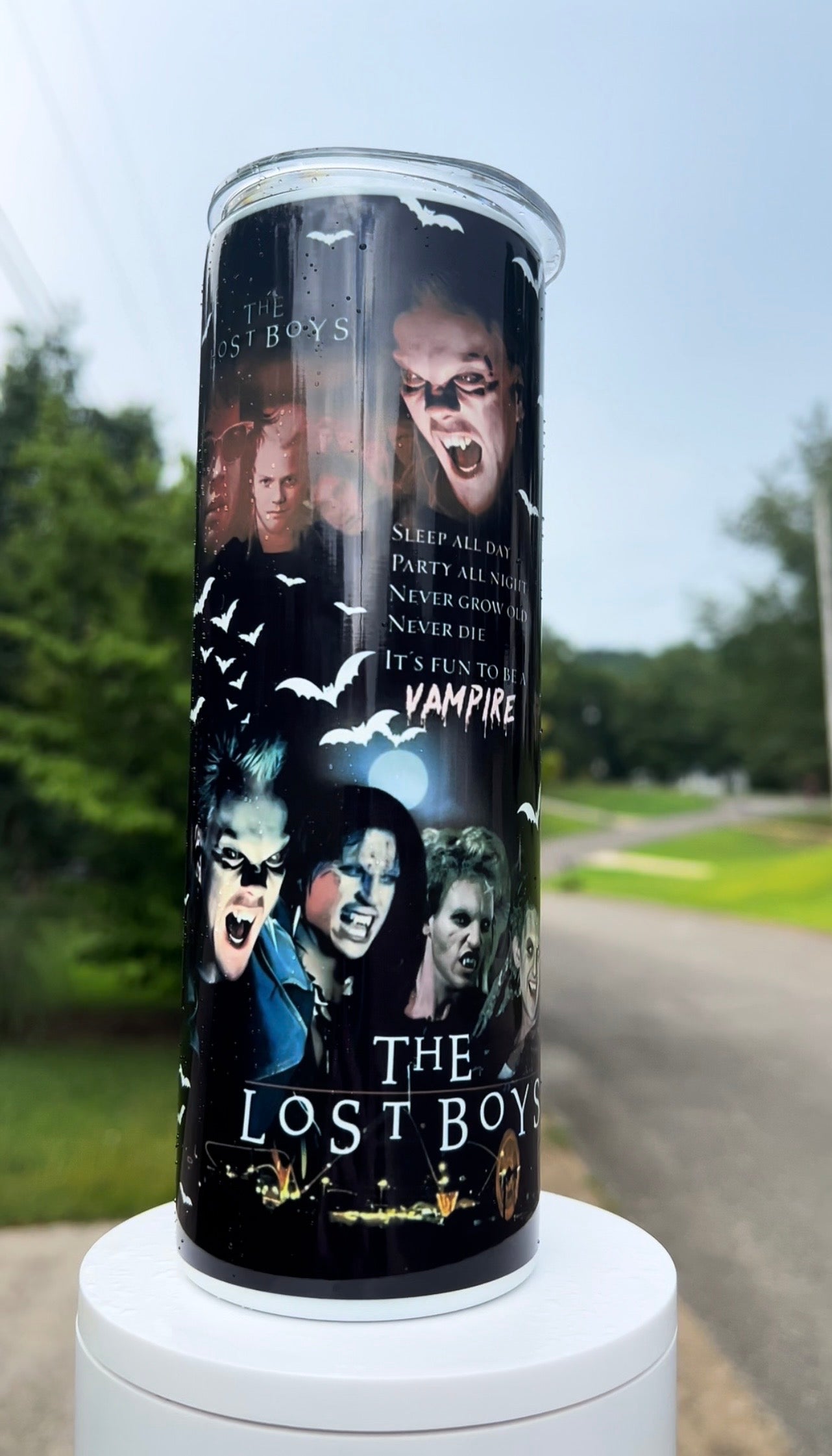 The Lost Boys 80s Horror Cult Classic 20oz Skinny Tumbler featuring the design artwork