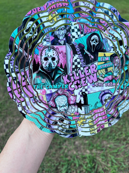 Horror movie villains wind spinner featuring colorful slasher inspired artwork