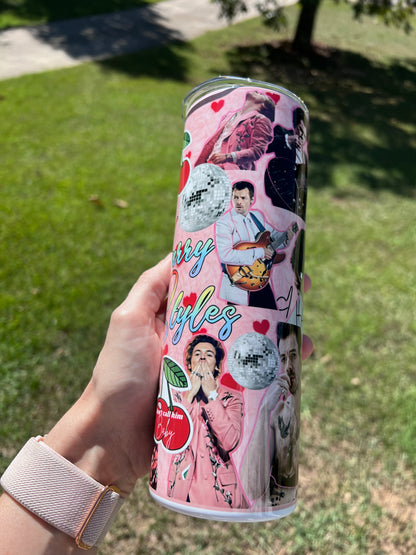 KimTheGrimm Harry Styles photo collage 20oz stainless steel tumbler cup with cherries and disco balls.